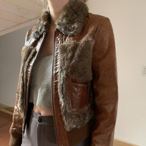 Leather and fur bomber jacket